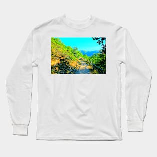 View at a mountain near Lago di Fiastra with juniper, oak tree, fenced path and Sibillini Long Sleeve T-Shirt